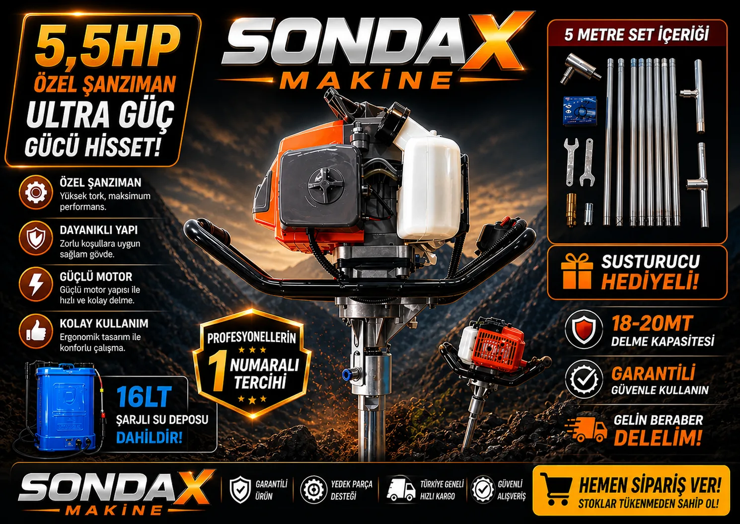 Karot ve El Sondaj Makinesi 5,5 Hp Profesyonel Güçlü Motoru